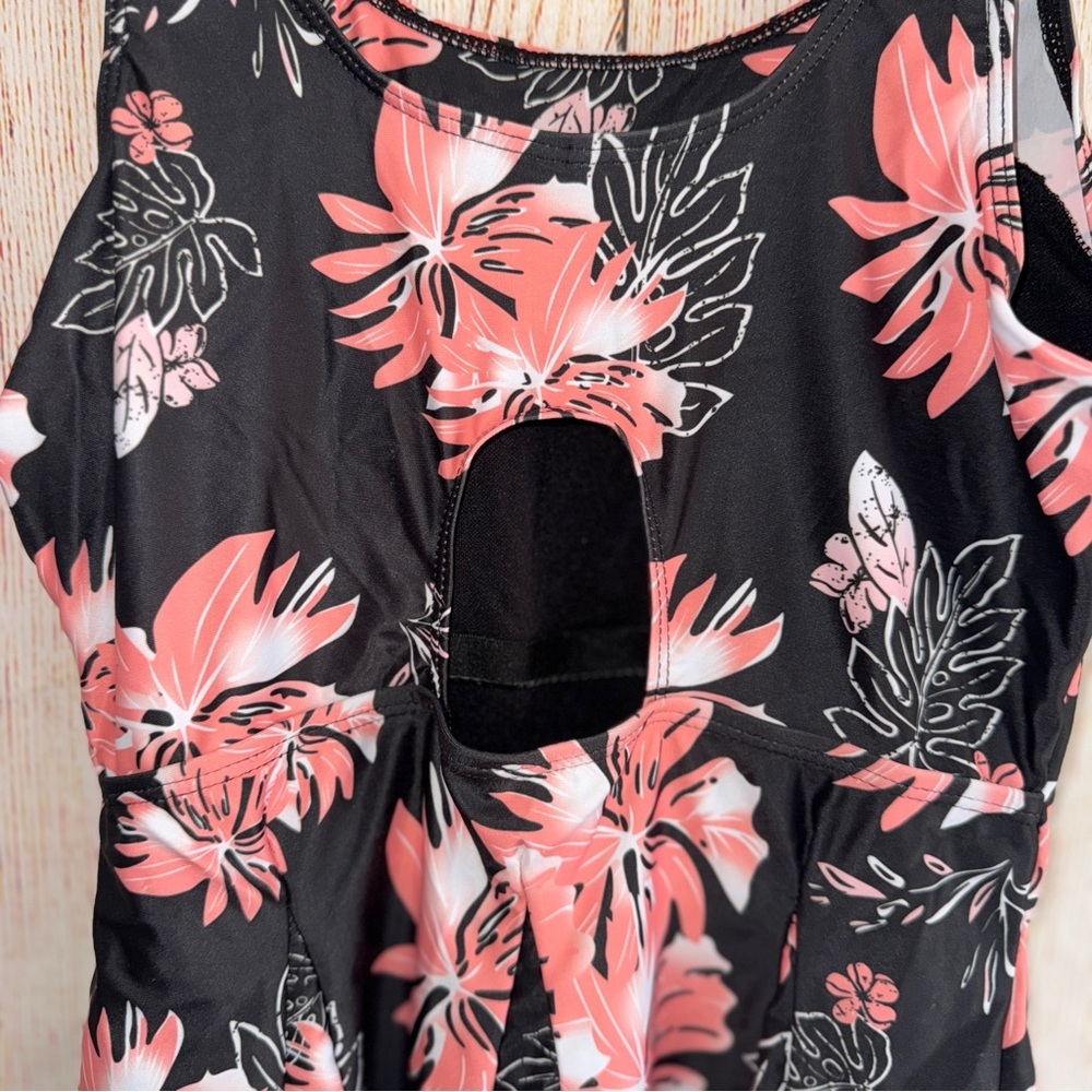 One Piece Swimsuit Slimming Skirted Bathing Suit, Swimdress, Black & Tropical M​ - Picture 6 of 11